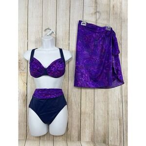 Vtg 90s Jantzen 3pc Swim Set Wrap‎ Skirt 10 Purple Galaxy High Waist Bikini USA
